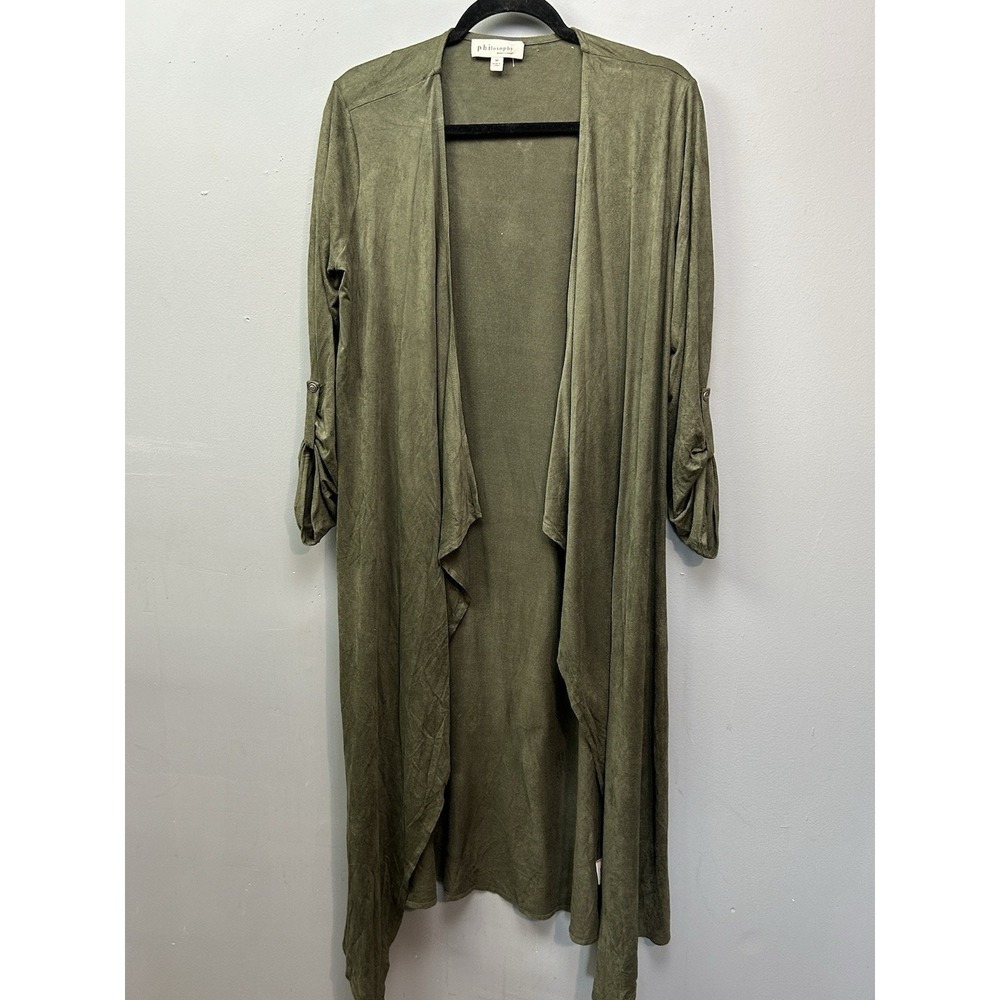 Philosophy Cardigan Womens Medium Olive Faux Suede Draped Waterfall Open Front